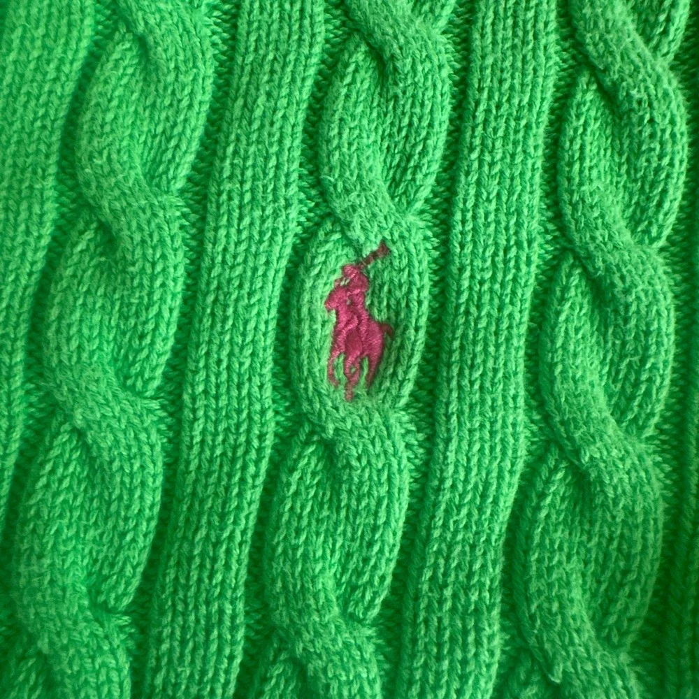 Ralph Lauren Girls XL 16 Green Cable Knit Peplum Cardigan Pink Pony Sweater